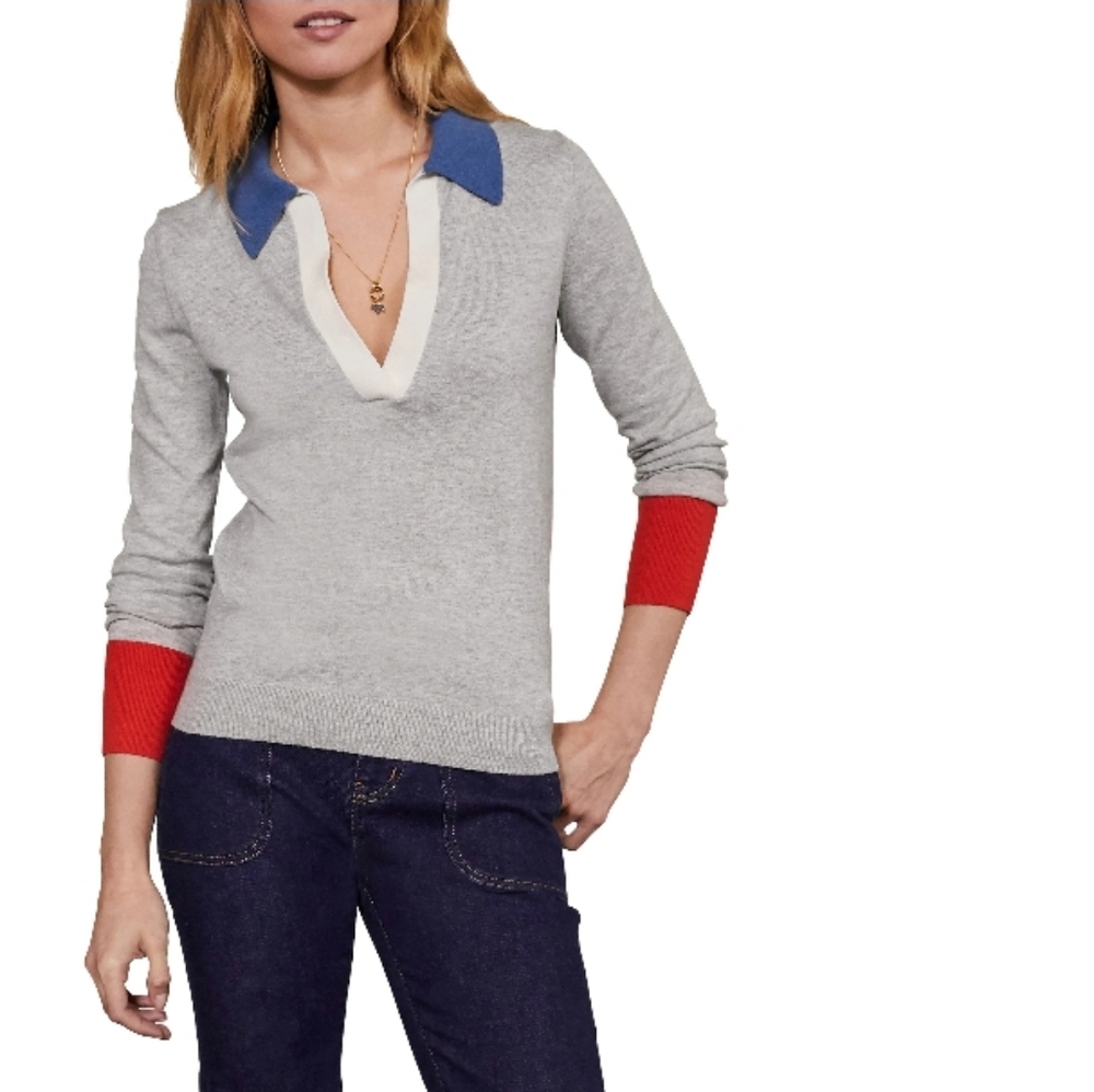 LIKE NEW! Boden Gray Knit Sweater with Blue Collar and Red Cuffs